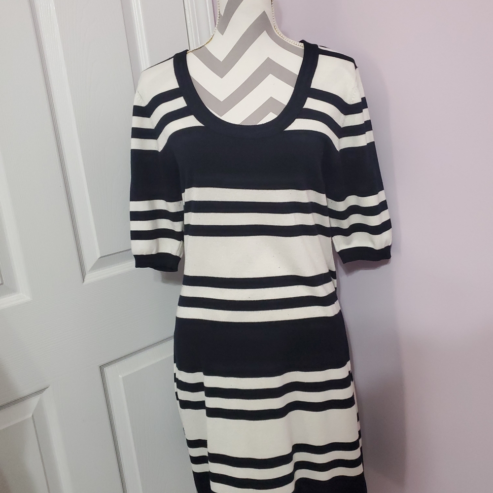 Allison Brittney Black and White Striped Midi Dress